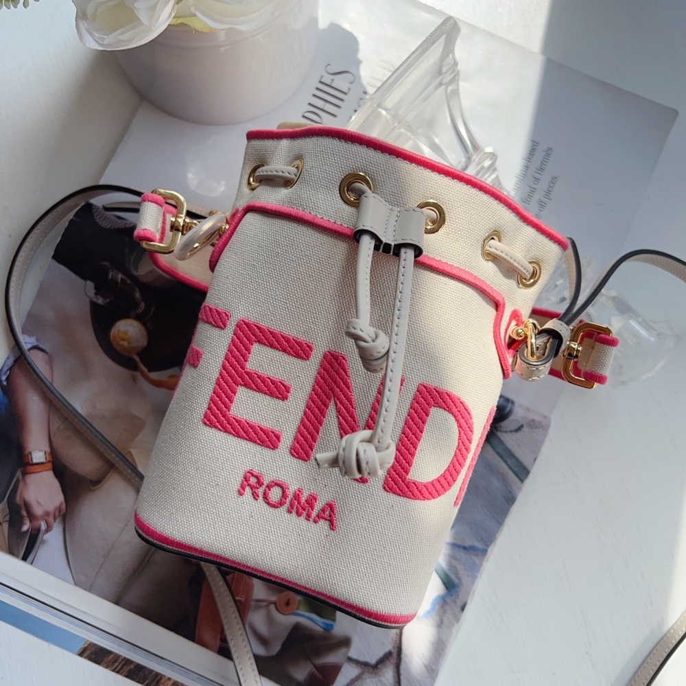 Fendi White Mini Canvas Embroidered Logo Bucket Mon Tresor